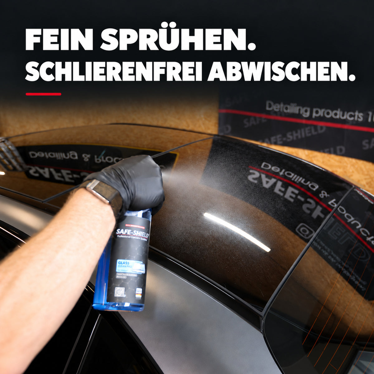 Safe-Shield Glass Cleaner Pro applied to vehicle glass as a fine spray mist, then wiped away for a streak-free finish.
