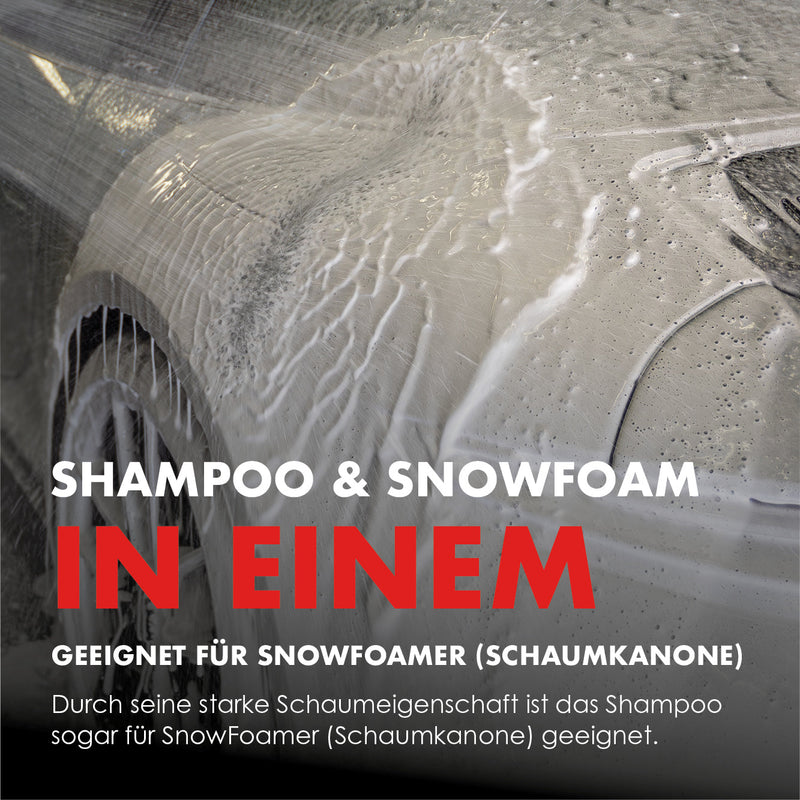 Side of a vehicle covered in foam, showing Wash & Snow Foam in use