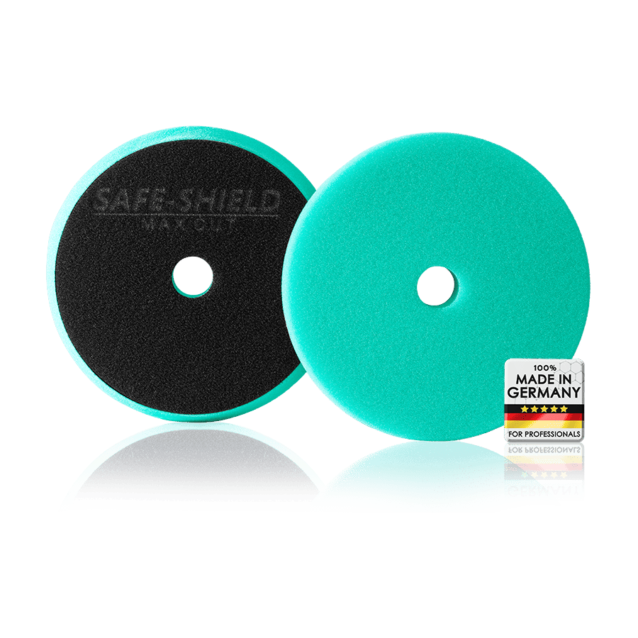 Safe-Shield Max Cut foam pad showing the polishing face and hook-and-loop backing
