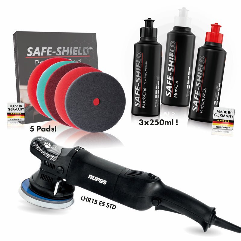 Polijstset met RUPES LHR15 ES, Safe-Shield polijstmiddelen en vijf polijstpads