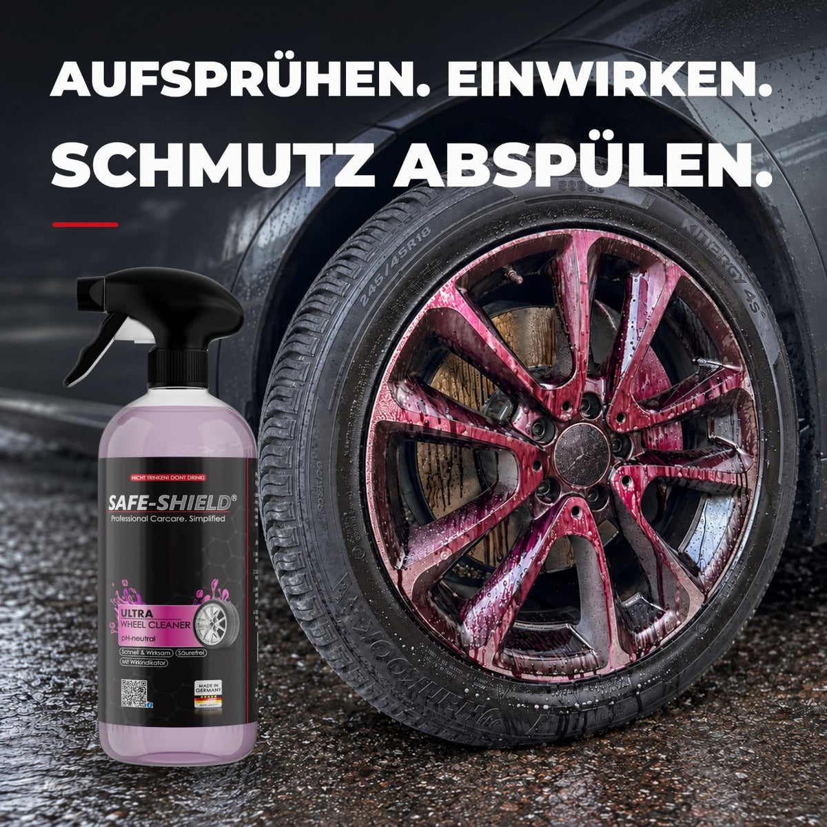 Safe-Shield Wheel Cleaner naast een velg met paarse werkindicator