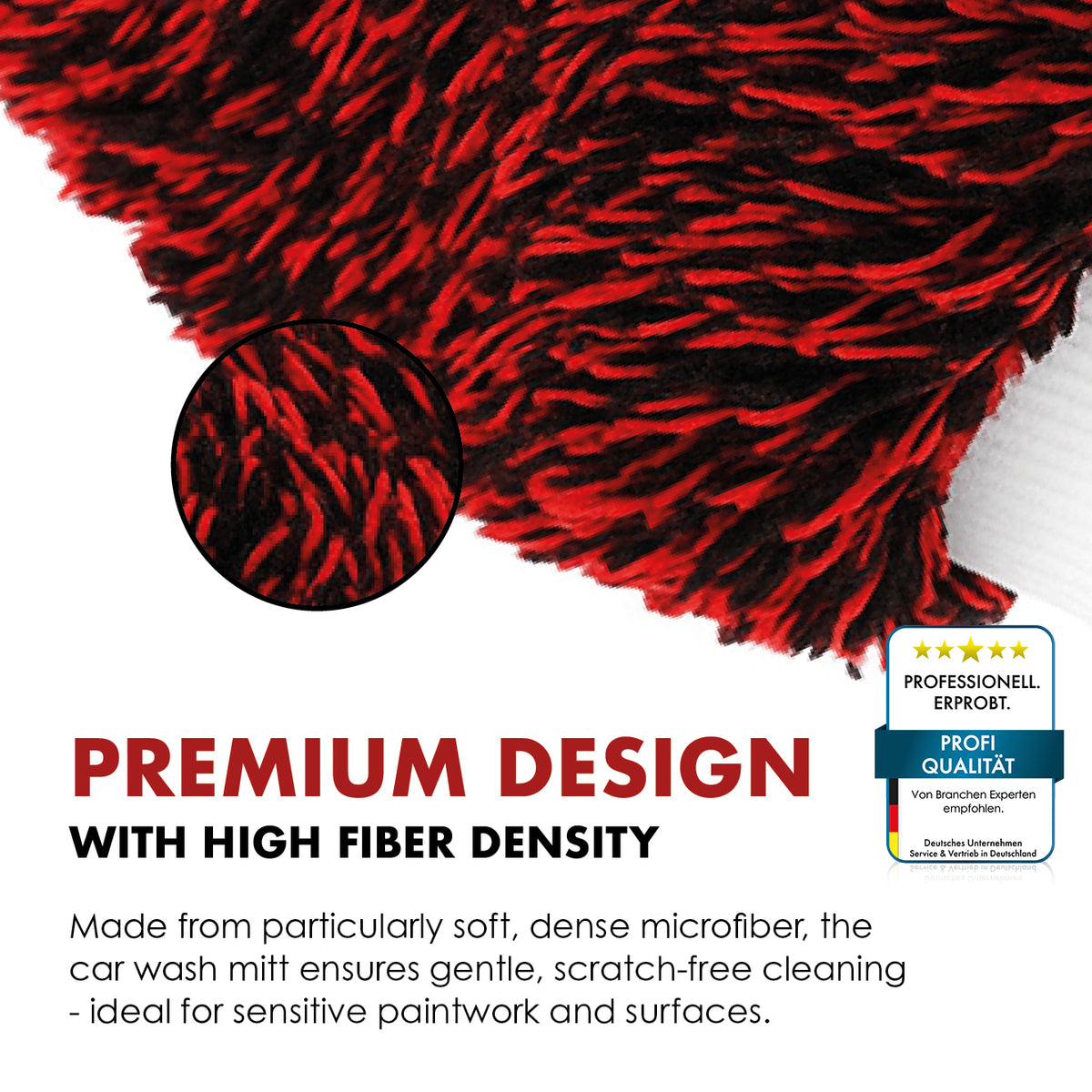 Close-up of the long black and red microfibre on the Safe-Shield car wash mitt.