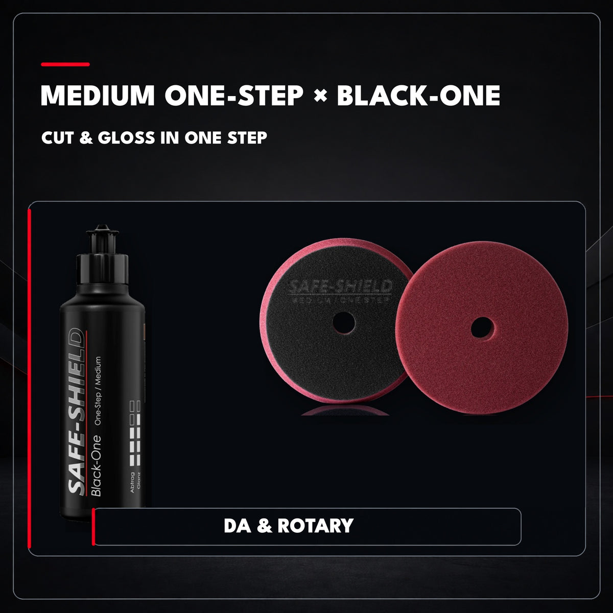 
Disco Safe-Shield Medium One-Step con pulimento Black-One para corte y brillo en un paso, apto para pulidoras orbitales y rotativas.
