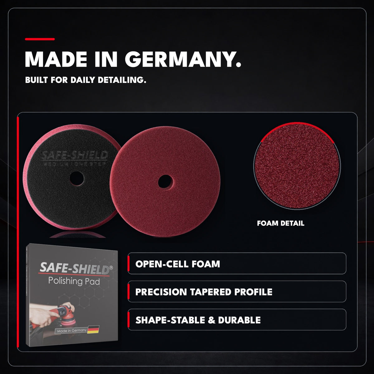 
Disco Safe-Shield Medium One-Step, detalle de la espuma de célula abierta y caja del disco; fabricado en Alemania.