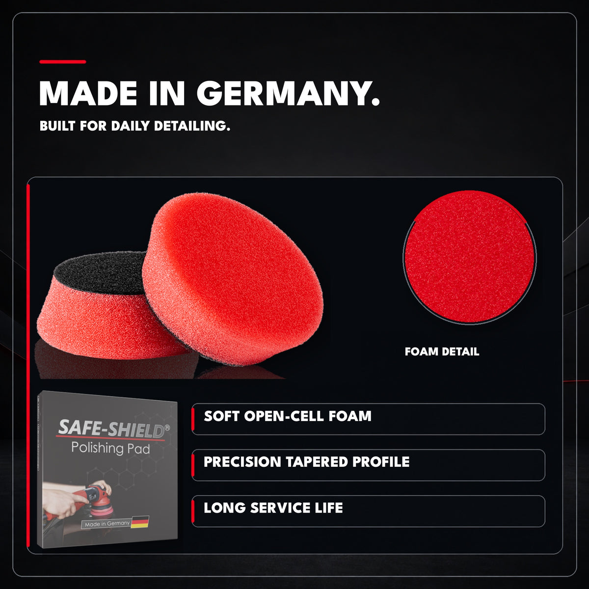 
Disco Safe-Shield Perfect Finish, detalle de la espuma suave de célula abierta y caja del disco; fabricado en Alemania.