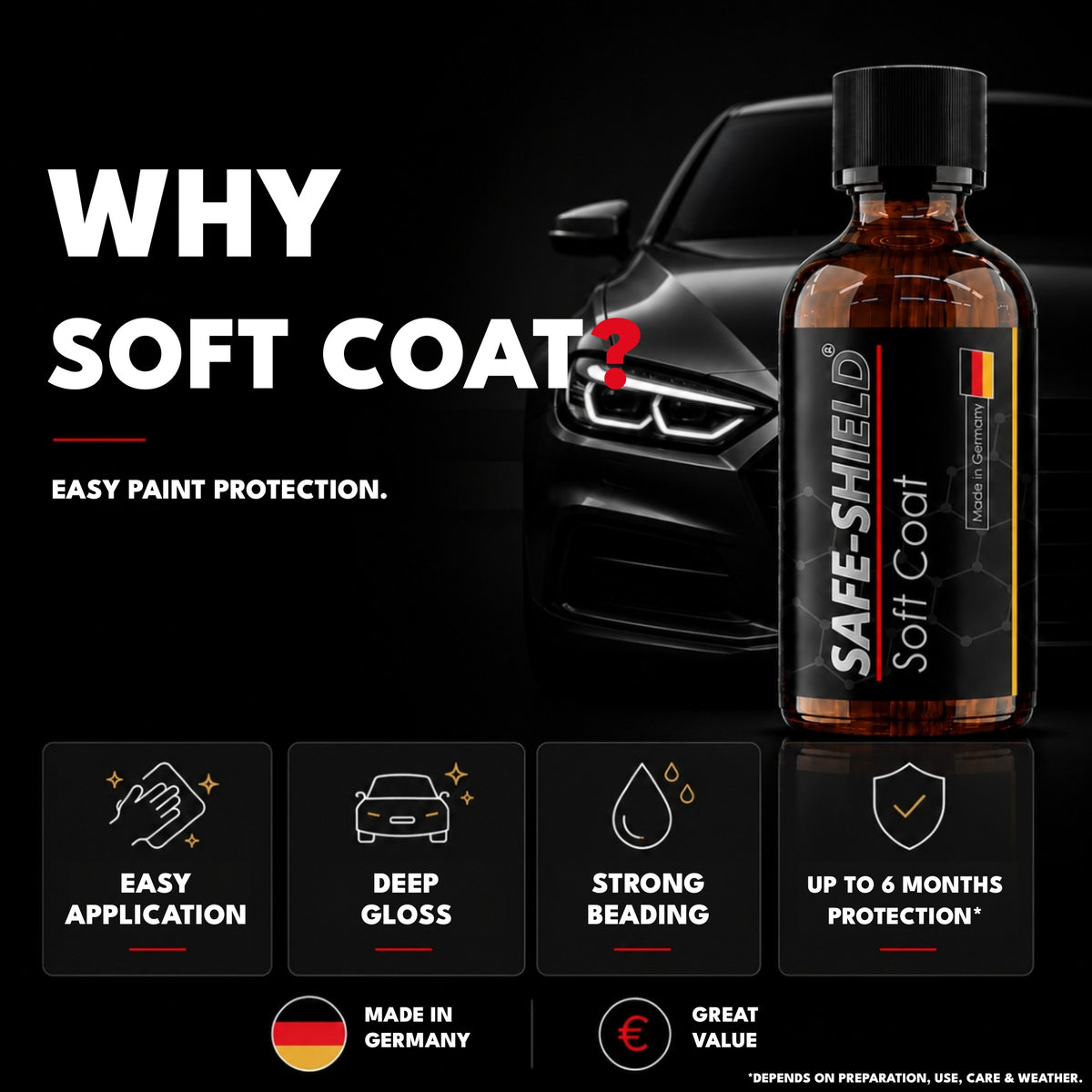 Safe-Shield Soft Coat polymer paint sealant with easy application, deep gloss, water beading and up to six months of protection.