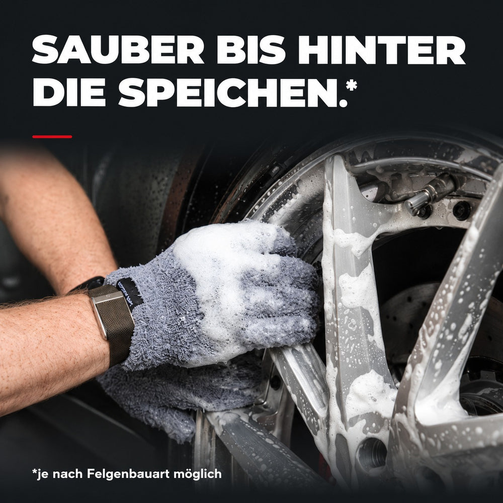 FingerFit microfibre wash gloves cleaning the contours and backs of wheel spokes