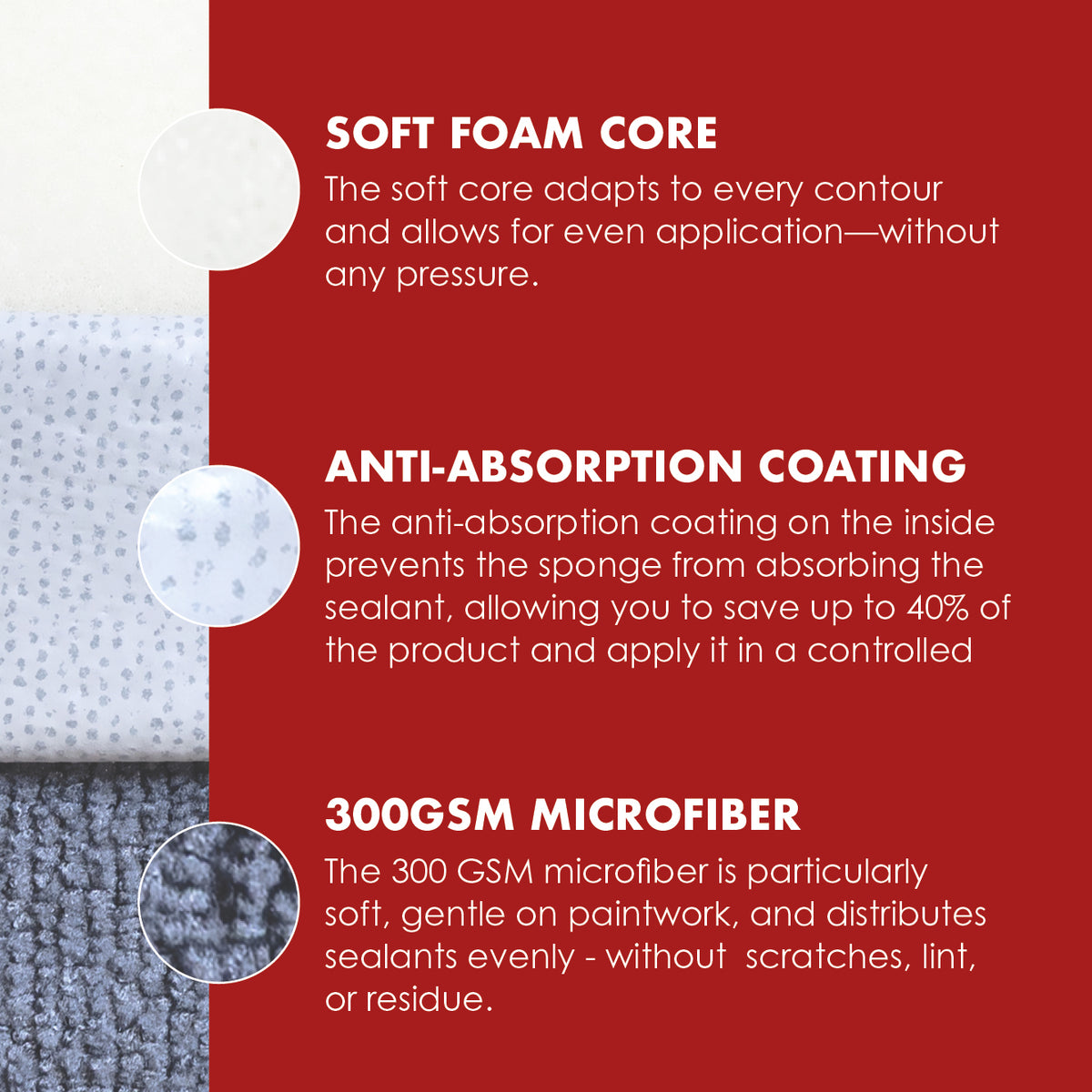 Safe-Shield regular microfibre applicator cross-section showing the foam core, inner barrier and 300 GSM fibres.