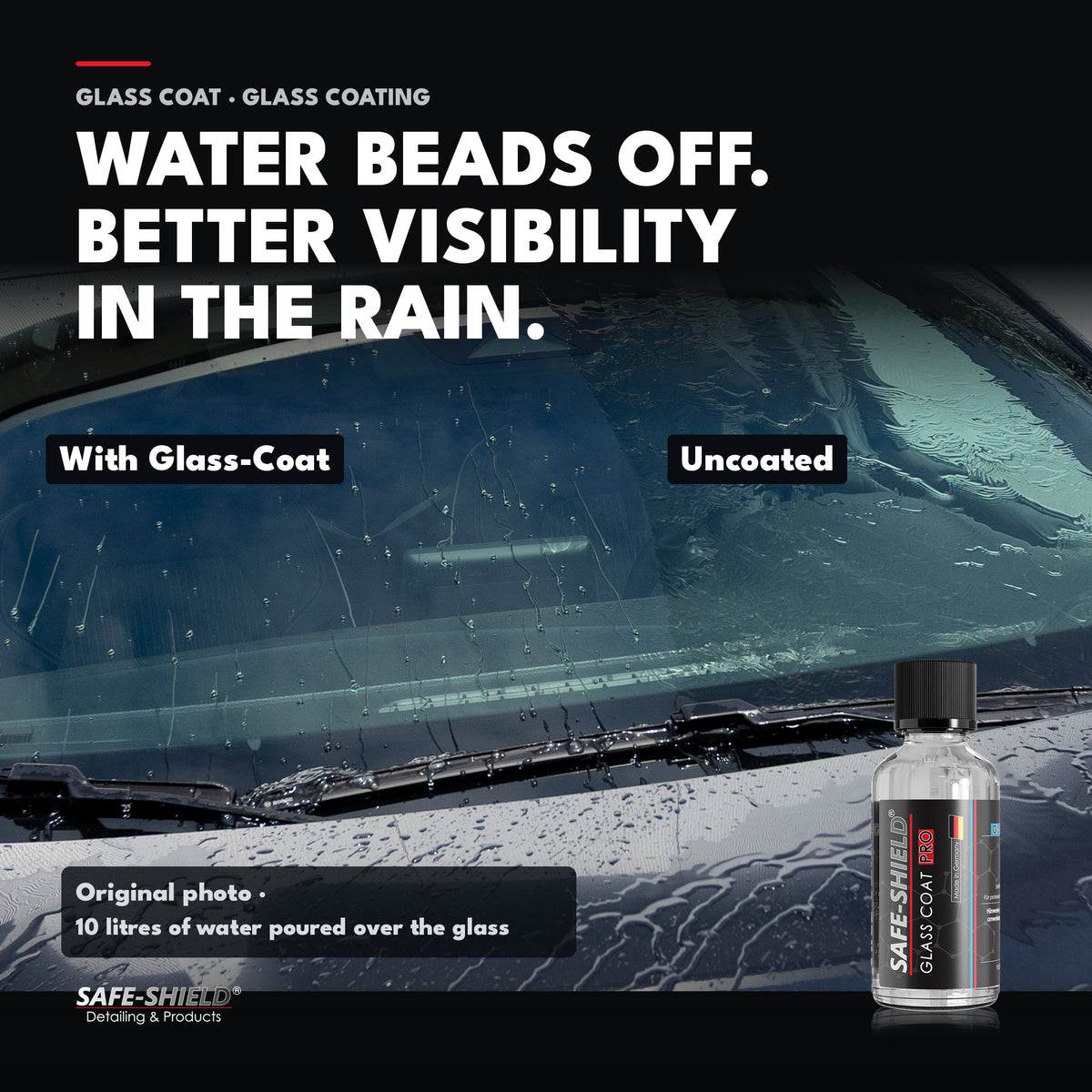 Glass-Coat glass coating in an original water test: coated and uncoated windscreen after 10 litres of water were poured over the glass.