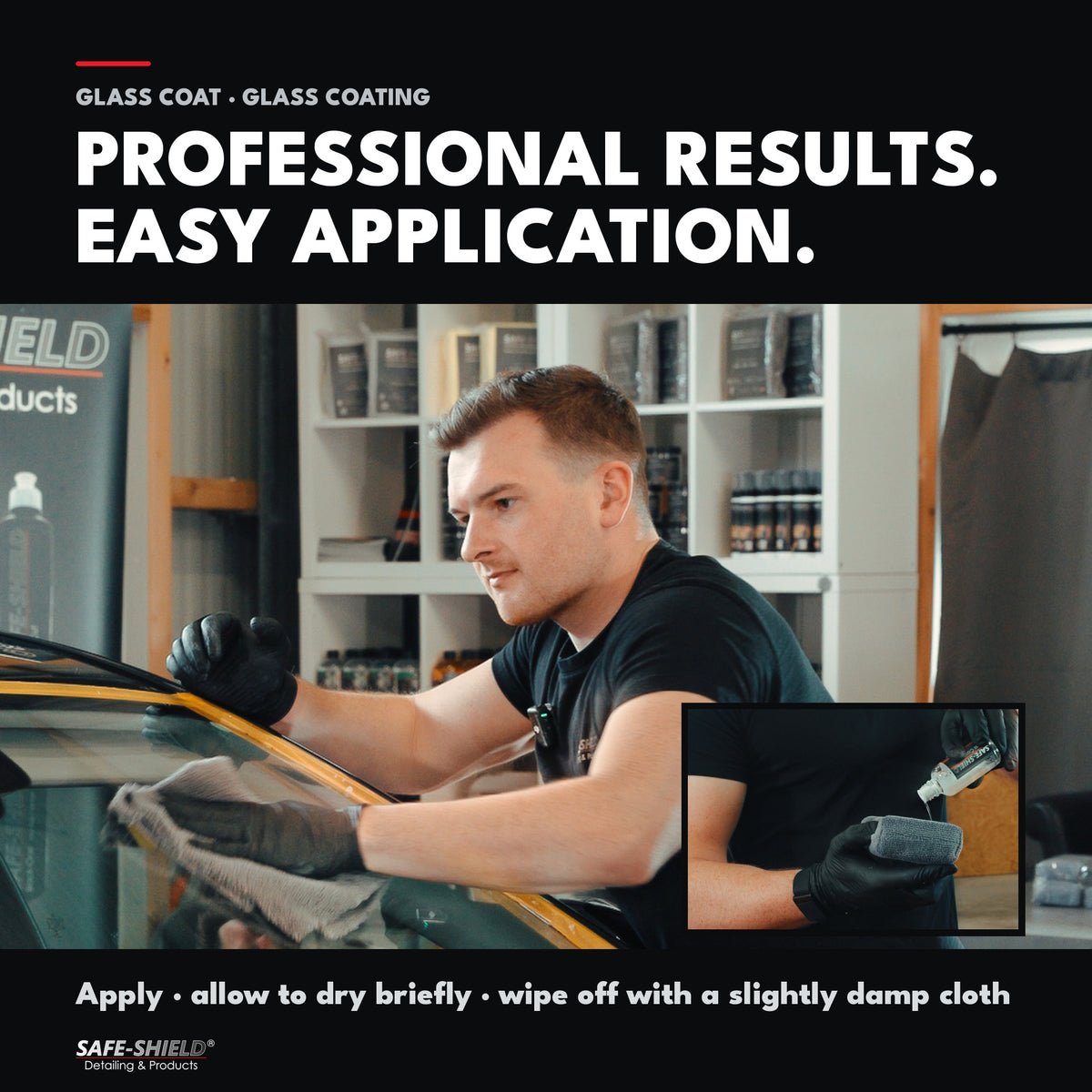 Applying Glass-Coat to vehicle glass: dispense the coating onto the applicator and wipe off with a slightly damp microfibre cloth.