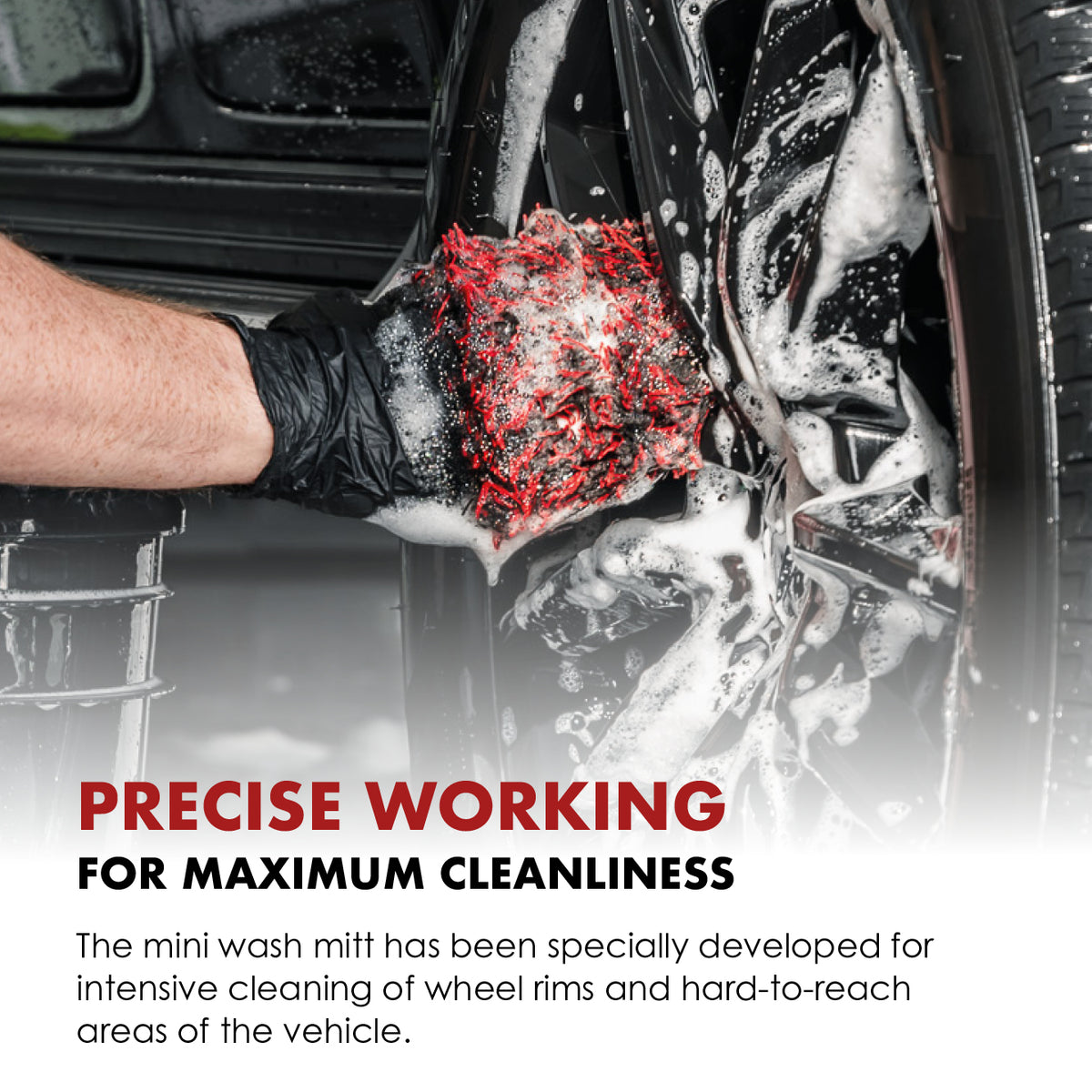 Safe-Shield Wheel Mitt cleaning a foamed alloy wheel by hand.